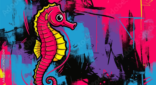 Vibrant Seahorse, Colorful Graffiti, Pink Yellow Illustration, Oceanic Vector Art