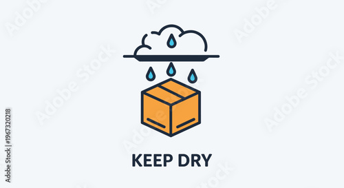 Standard keep dry packaging sign featuring an orange cardboard box protected from blue raindrops falling from a cloud by a horizontal line.