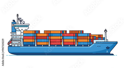 Profile view of a massive blue container ship fully loaded with many colorful cargo containers sailing across a calm sea under a clear sky.