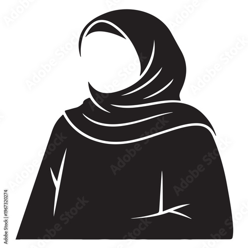 Minimal silhouette of muslim woman wearing hijab isolated on white background