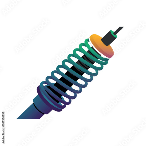 Close-up of metallic spring shock absorber with gradient color, isolated on white background.