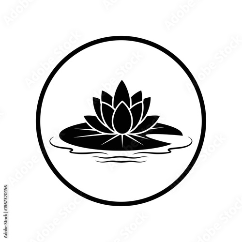 Elegant Black and White Lotus Flower in a Circular Frame.