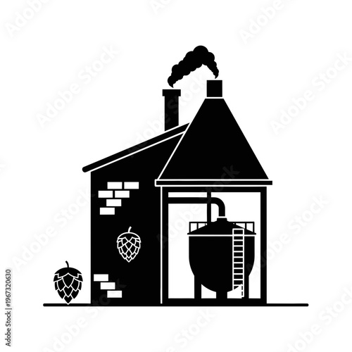 Brewery building silhouette with hop and smoke a symbol of craft beer production.
