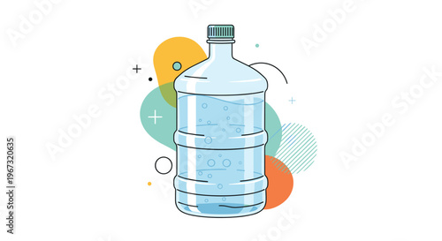 Large plastic water cooler bottle filled with fresh drinking water presented against a colorful abstract geometric background design.