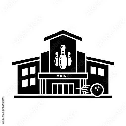 Bowling alley silhouette with pins and ball a recreational building.