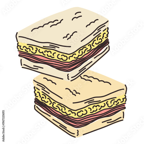 Argentine sandwich de miga with crustless white bread, mayonnaise, ham and cheese, street food