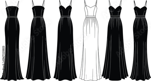 Elegant evening gown silhouettes in black and white, long formal dresses collection, minimalist fashion design, stylish women apparel concept