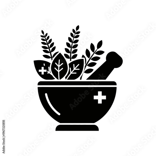 Herbal medicine bowl with plants and pestle representing natural remedies and healthcare.