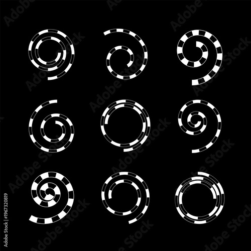 Set of Abstract Spiral Design Elements on Black Background.