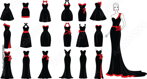 Elegant black evening dress silhouettes with red accents, fashion illustration set showcasing diverse formal gown styles and modern couture design inspiration
