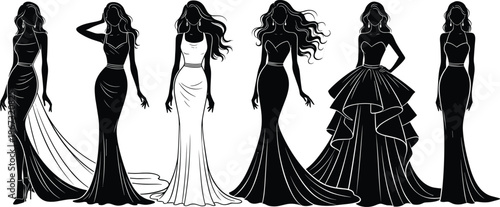 Elegant silhouettes of women in evening gowns and fashion dresses isolated on white background showcasing glamour style beauty and couture design