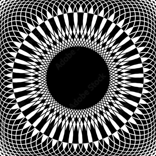 Abstract Radial Geometric Black and White Pattern with Circle Copy Space in Center. 3D Effect.