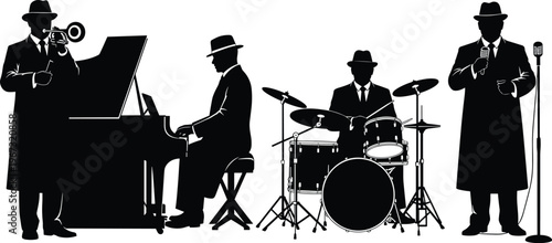 Jazz band silhouettes performing with piano, trumpet, drums and vocalist, classic live music scene, vintage style musicians, elegant concert performance concept
