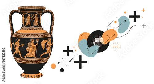 Detailed ancient Greek amphora vase decorated with classical mythological figures and traditional patterns against an abstract background.
