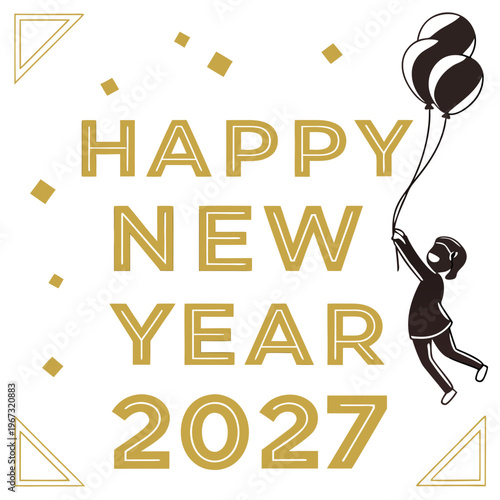 Happy new year 2027 celebration with a little girl holding balloons