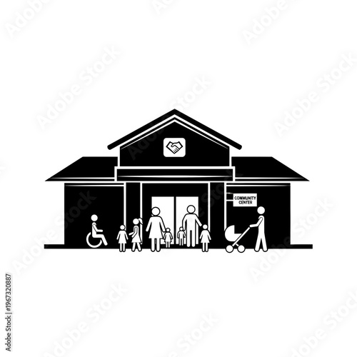 Community center with diverse people and accessibility features for everyones needs.