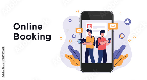 Smartphone screen showing an online booking application for travel with characters, emails, and gears representing digital service efficiency.