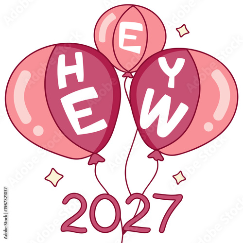 Cartoon illustration of pink balloons with hey 2027 text