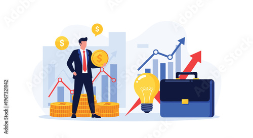 Confident businessman standing with stacks of gold coins and a rising graph representing successful financial investment and wealth building.