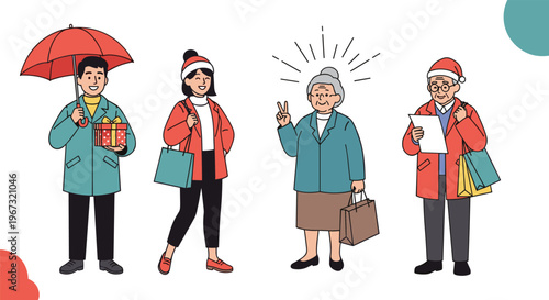 Group of diverse people including an elderly couple and young adults carrying shopping bags and gifts while celebrating the Christmas season.