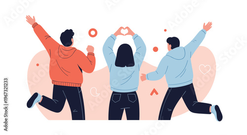 Group of happy young friends jumping with joy and making a heart shape with their hands to celebrate friendship and positive energy.
