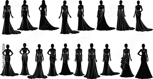 Set of elegant female evening gown silhouettes in various poses isolated on white background showcasing luxury fashion style and formal design diversity