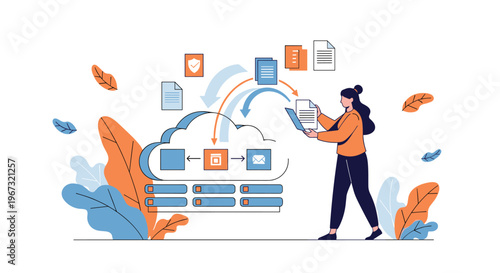 IT professional woman managing digital data and files being uploaded to a cloud storage system represented by a large blue cloud icon.
