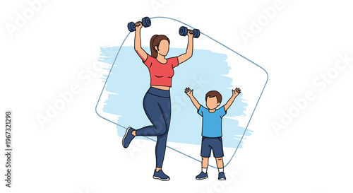 Energetic mother lifting dumbbells while her young son cheers her on during a fun and healthy home workout session together.