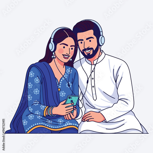 Pakistani couple wearing traditional ethnic clothing sitting together while listening to music through headphones and using smartphone
