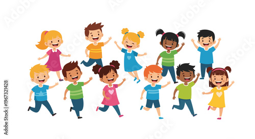 Collection of diverse happy children jumping, running, and playing together to represent childhood joy, friendship, and school community.