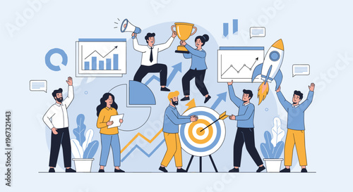 Team of motivated business professionals celebrating a major success with a gold trophy, rocket launch, and target hitting the bulls-eye.