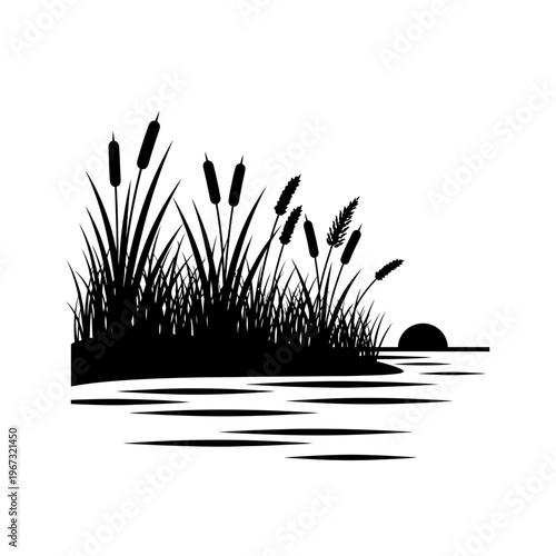 Silhouette of cattails and reeds on the water with the sun setting in the background.