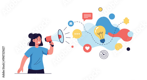 Energetic woman using a megaphone to broadcast creative ideas represented by a glowing lightbulb and various colorful abstract shapes.