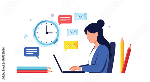 Efficient businesswoman working on her laptop while managing her time, emails, and messages symbolized by a large clock and icons.