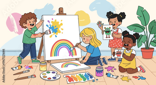 Joyful diverse children express their creativity through painting and drawing in a vibrant art studio, fostering imagination and artistic skill development.