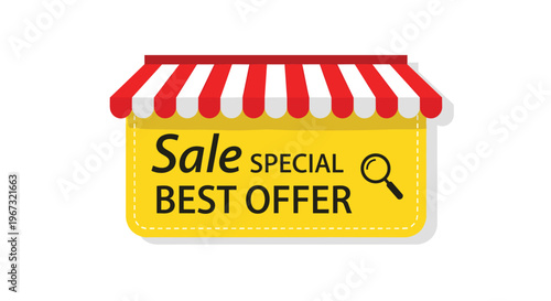 Bright yellow sale banner shaped like a store sign with a red and white striped awning and a magnifying glass icon for a best offer.