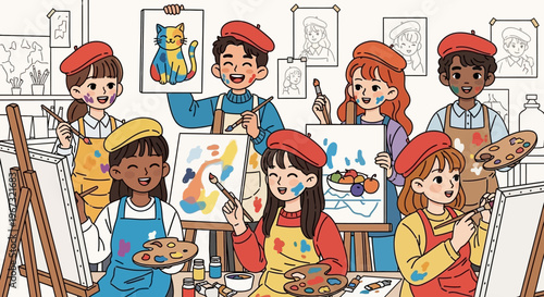 A diverse group of happy children joyfully participates in an engaging art class, creating colorful paintings on canvases with brushes and palettes.