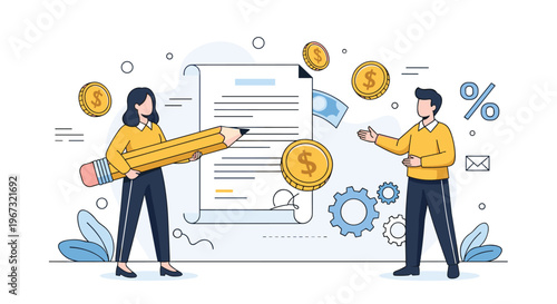 Man and woman working together with a giant pencil to sign a large contract amidst falling gold coins and industrial gears.