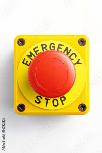 Принти на полотні Red emergency stop button on a yellow box, isolated on white background