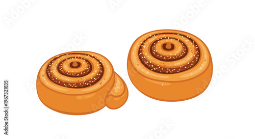 Two delicious freshly baked cinnamon rolls with a golden brown spiral pattern and light sugar dusting on top on a white background.