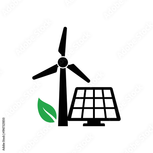 Sustainable energy sources wind turbine solar panel and green leaf.