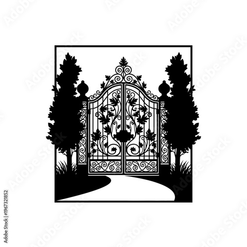 Elegant wrought iron gate with intricate design and surrounding trees.