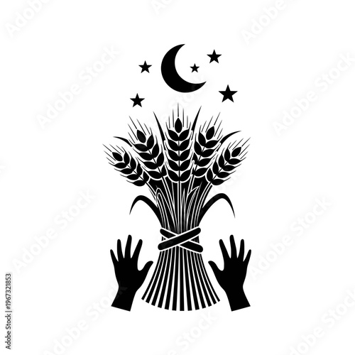 Symbolic depiction of harvest celestial bodies and human hands in silhouette.