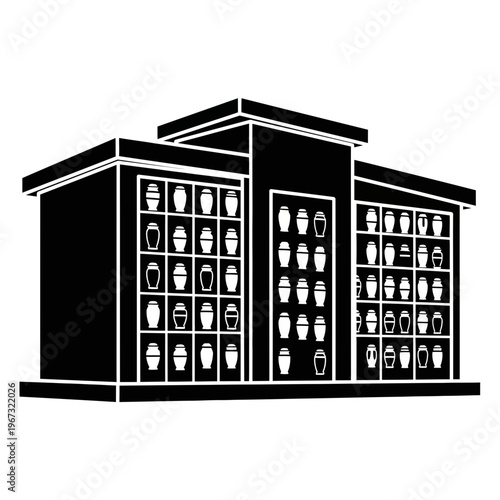 Modern columbarium building silhouette showcasing urns in niches memorial architecture.