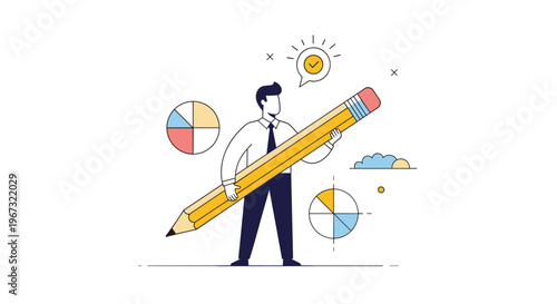 Business professional holding a large pencil while standing among various colorful financial infographic charts and data visualizations.