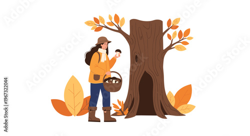 Young woman gather mushrooms in the autumn forest standing near a large hollow tree with a basket full of harvest.