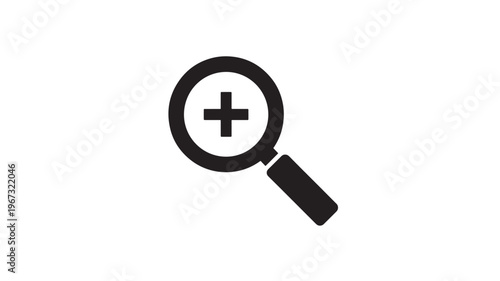 Magnifying glass icon with plus symbol indicating zoom in, displayed on a plain white background featuring search, find, enlarge with discovery and
