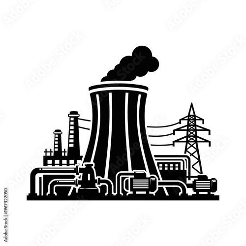 Nuclear power plant silhouette generating electricity for the city and its people.