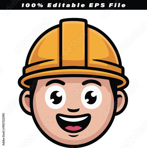Construction worker head in a bright yellow hard hat smiles broadly, embodying the spirit of industry, safety, professionalism, and dedicated labor with an approachable demeanor and expertise.