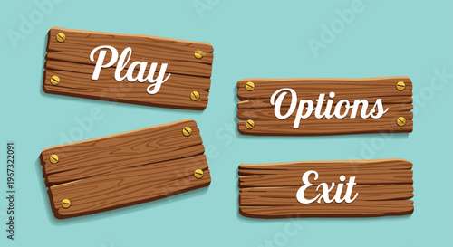 Set of rustic wooden planks designed as game menu buttons for play, options, and exit placed on a solid teal blue background.